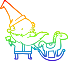 rainbow gradient line drawing of a santa or elf making a rocking horse png