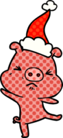 main tiré bande dessinée livre style illustration de une furieux porc portant Père Noël chapeau png