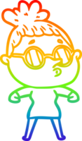 rainbow gradient line drawing of a cartoon woman wearing glasses png