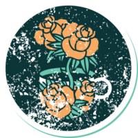 iconic distressed sticker tattoo style image of a cup and flowers png