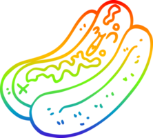 rainbow gradient line drawing of a cartoon hotdog with mustard png