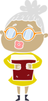 Cartoon-Frau im flachen Farbstil mit Buch und Brille png