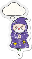 cartoon floating wizard with thought bubble as a distressed worn sticker png