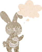 cute cartoon rabbit with thought bubble in grunge distressed retro textured style png