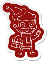 quirky cartoon  sticker of a man with mustache and christmas present wearing santa hat png