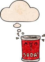 cartoon soda can with thought bubble in grunge texture style png