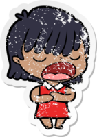 distressed sticker of a cartoon woman talking loudly png