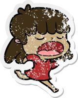 distressed sticker of a cartoon woman talking loudly png