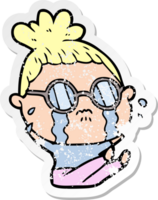 distressed sticker of a cartoon crying woman wearing spectacles png