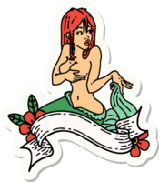 autocollant de tatouage dans le style traditionnel d'une sirène pin-up avec bannière png