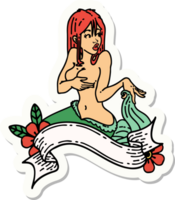 pegatina de tatuaje al estilo tradicional de una sirena pinup con pancarta png