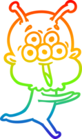 rainbow gradient line drawing of a happy cartoon alien running png