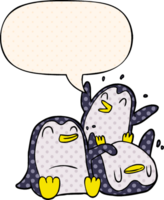 cartoon happy penguins with speech bubble in comic book style png