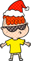 hand drawn comic book style illustration of a boy wearing sunglasses wearing santa hat png