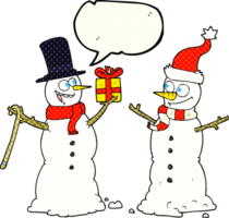 hand drawn comic book speech bubble cartoon snowmen exchanging gifts png