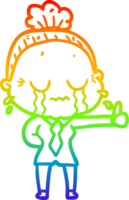 rainbow gradient line drawing of a cartoon old woman crying png