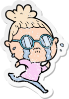 distressed sticker of a cartoon crying woman wearing spectacles png