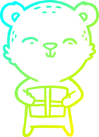 cold gradient line drawing of a happy cartoon bear with gift png