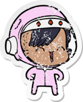 distressed sticker of a happy cartoon space girl png