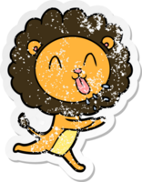 distressed sticker of a happy cartoon lion png