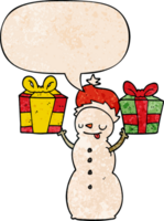 cartoon snowman with present with speech bubble in retro texture style png