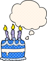 dibujos animados cumpleaños pastel con pensamiento burbuja en cómic libro estilo png