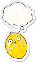 cartoon bitter lemon with thought bubble as a distressed worn sticker png