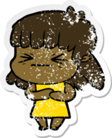 distressed sticker of a cartoon angry girl png