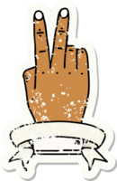 Retro Tattoo Style victory v hand gesture with banner png