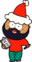 hand drawn comic book style illustration of a bearded man with clipboard and pen wearing santa hat png