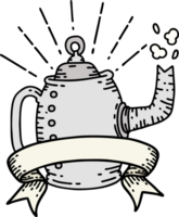 scroll banner with tattoo style old coffee pot steaming png