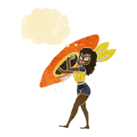 mulher de desenho animado carregando canoa com balão de pensamento png