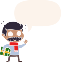 cartoon man with mustache and christmas present with speech bubble in retro style png