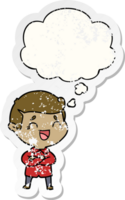 cartoon laughing man with thought bubble as a distressed worn sticker png