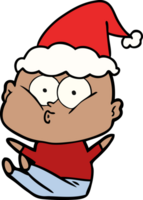 main tiré ligne dessin de une chauve homme regarder portant Père Noël chapeau png