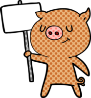 cochon dessin animé heureux avec pancarte png