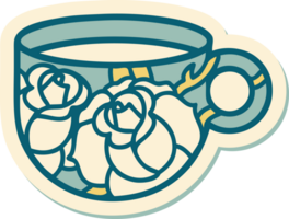 pegatina de tatuaje al estilo tradicional de una taza y flores png