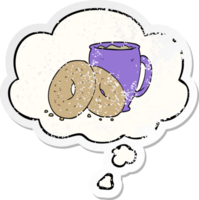 tekenfilm koffie en donuts met gedachte bubbel net zo een verontrust versleten sticker png