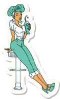 sticker of tattoo in traditional style of a pinup girl drinking a milkshake png