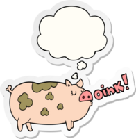 cartoon oinking pig with thought bubble as a printed sticker png