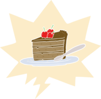 dessin animé coûteux tranche de Chocolat gâteau avec discours bulle dans rétro style png