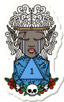 sticker of a crying elf barbarian character with natural one D20 roll png