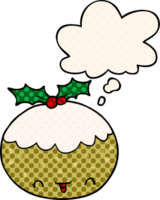 cute cartoon christmas pudding with thought bubble in comic book style png