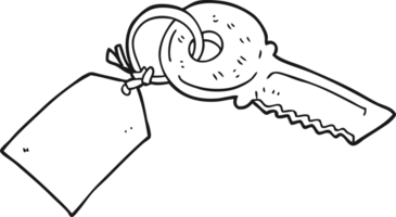 hand drawn black and white cartoon key with tag png