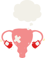 cartoon beat up uterus with boxing gloves with thought bubble in retro style png