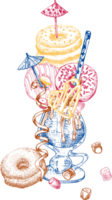 milkshake nagerecht, geïsoleerd achtergrond. hand- getrokken kleur lijn kunst, schetsen stijl chocola, donut, ijs room, snoep, koekjes, heemst ontwerp voor restaurant, cafe, bar, menu illustratie png