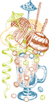 Milchshake Nachtisch, isoliert Hintergrund. Hand gezeichnet Farbe Linie Kunst, skizzieren Stil Schokolade, Krapfen, Eis Creme, Süssigkeit, Kekse, Mäusespeck Design zum Restaurant, Cafe, Bar, Speisekarte Illustration png