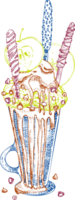 Milchshake Nachtisch, isoliert Hintergrund. Hand gezeichnet Farbe Linie Kunst, skizzieren Stil Schokolade, Krapfen, Eis Creme, Süssigkeit, Kekse, Mäusespeck Design zum Restaurant, Cafe, Bar, Speisekarte Illustration png