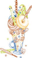 Milkshake dessert, isolated background. Hand drawn color line art, sketch style Chocolate, donut, ice cream, candy, cookies, marshmallow Design for restaurant, cafe, bar, menu illustration png