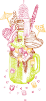 frappè dolce, isolato sfondo. mano disegnato colore linea arte, schizzo stile cioccolato, ciambella, ghiaccio crema, caramella, biscotti, marshmallow design per ristorante, bar, sbarra, menù illustrazione png